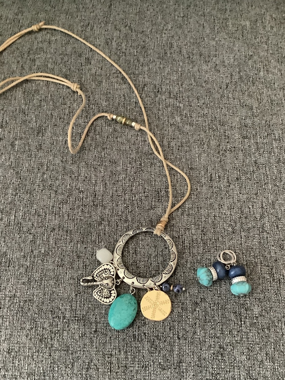 J. Jill Turquoise and Silver Charm Necklace with Cream Cord